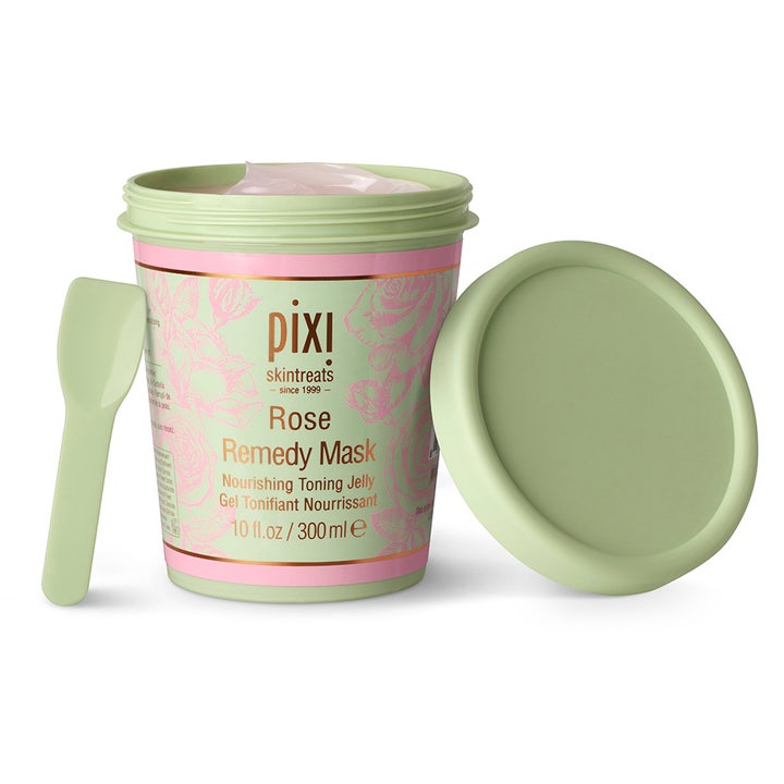Pixi Rose Remedy Mask 300 ml närande ansiktsmask i grön burk med rosa gel och medföljande spatel