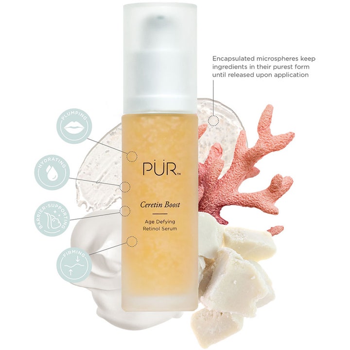 PÜR Ceretin Boost Age Defying Retinol Serum 30 ml är ett anti-age serum med synliga gula mikrosfärer i frostad flaska.