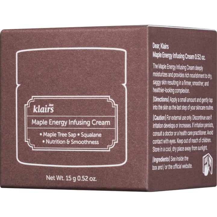 Klairs Maple Energy Infusing Cream 15 g närande ansiktskräm i brun ytterbox med text om lönnsav och squalane.