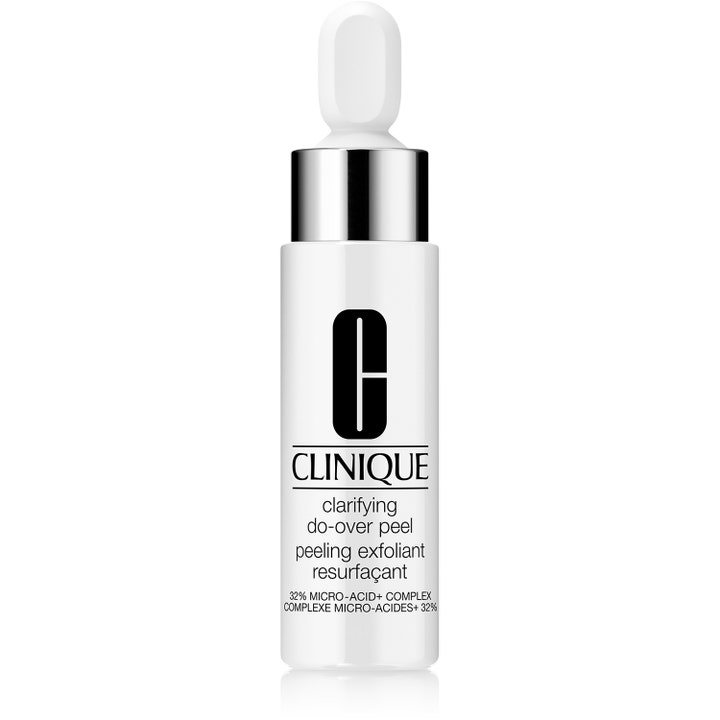 Clinique Clarifying Do-Over Peel 30ml exfolierande peeling för lyster i vit flaska med silverhals och vit pipett.