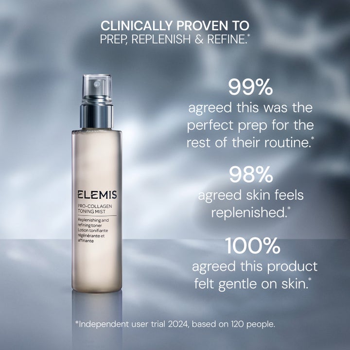 Elemis Pro-Collagen Toning Mist 150 ml återfuktande face mist i sprayflaska med klinisk text om prep och fukt.