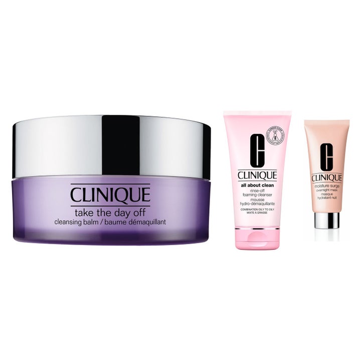 Clinique nattpaket 375 ml hudvårdsset som rengör och återställer huden med lila burk och rosa tuber