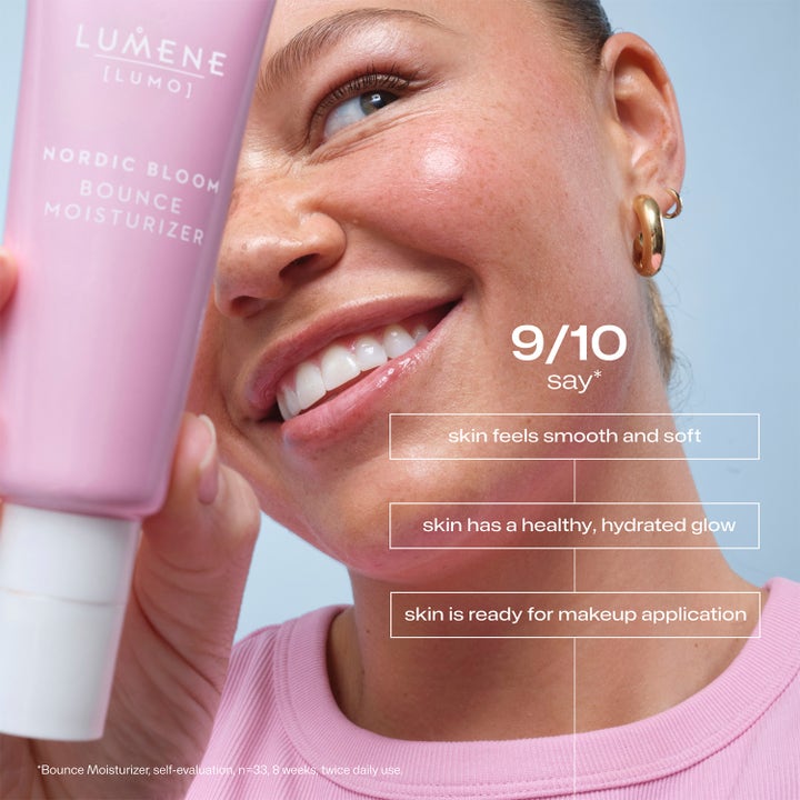 Lumene Bounce Moisturizer 50 ml återfuktande dagkräm i rosa tub ger huden lyster och en mjuk känsla.