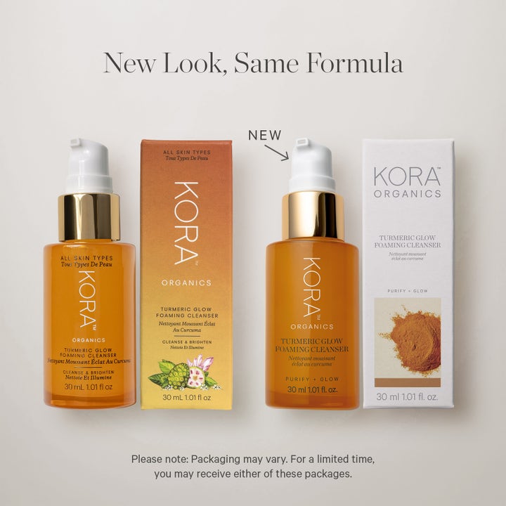 KORA Organics Turmeric Glow Foaming Cleanser 30 ml rengöringsskum med gurkmeja i både gammal och ny vit förpackning