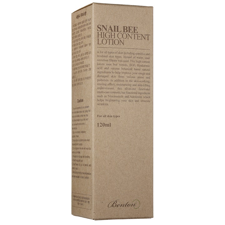 Benton Snail Bee High Content Lotion 120 ml anti-aging ansiktslotion i beige kartong med snigelsekret benton