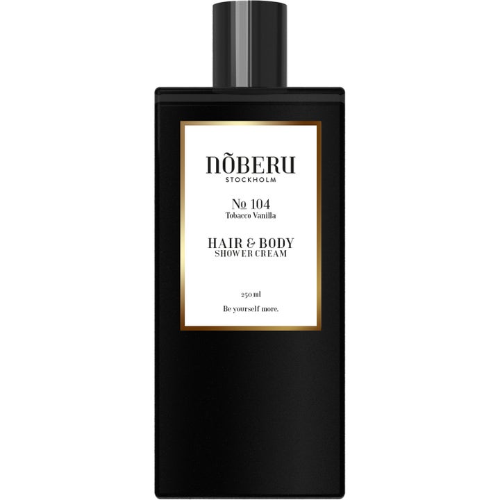 Nõberu No 104 Tobacco Vanilla 250 ml rengörande duschkräm i en stilren svart flaska med vit och guldfärgad etikett