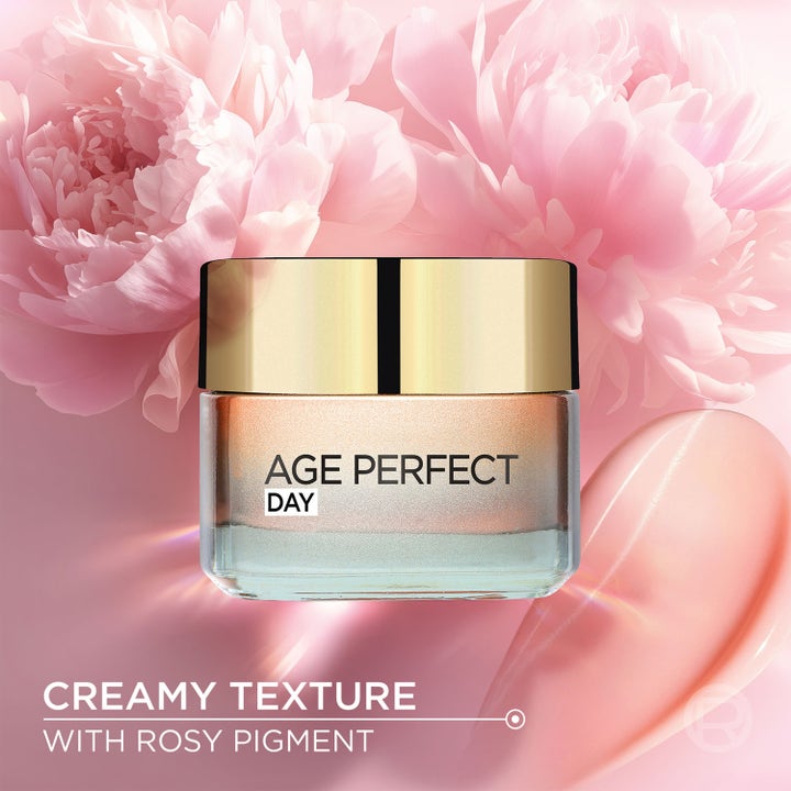 L'Oréal Paris Golden Age Rosy Fortifying Day 50 ml återfuktande dagkräm i glasburk med rosa pioner och krämig textur