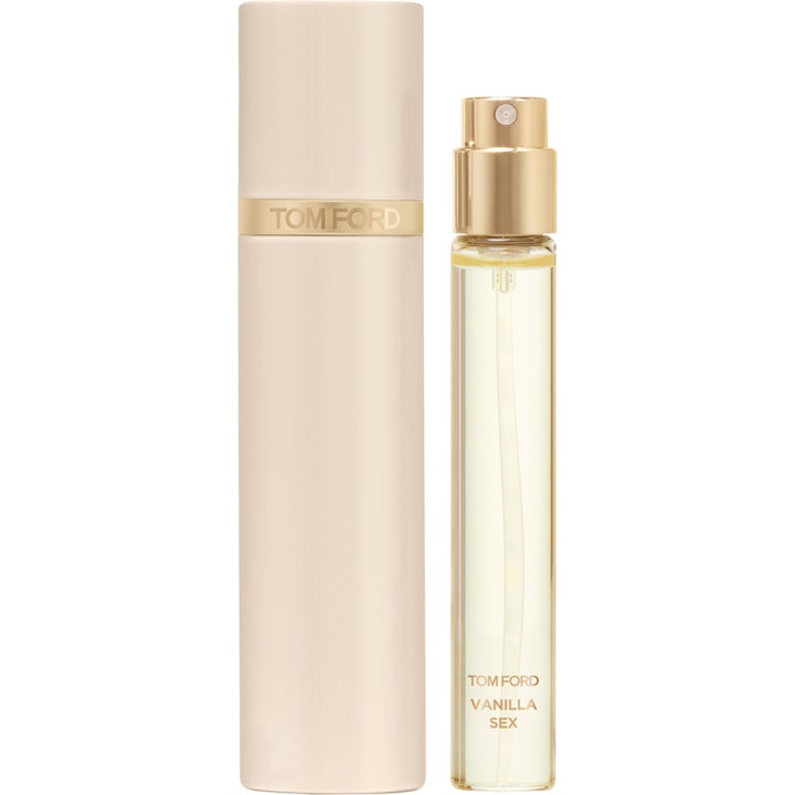 Tom Ford Vanilla Sex Eau De Parfum 10 ml parfym i ett beige reseetui med gulddetaljer och smal sprayflaska i glas