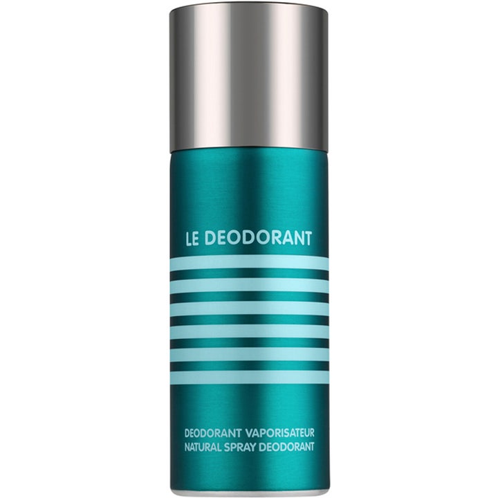 Jean Paul Gaultier Le Male daglig deodorant deospray maskulin doft i turkos sprayflaska med blå ränder och silverlock.