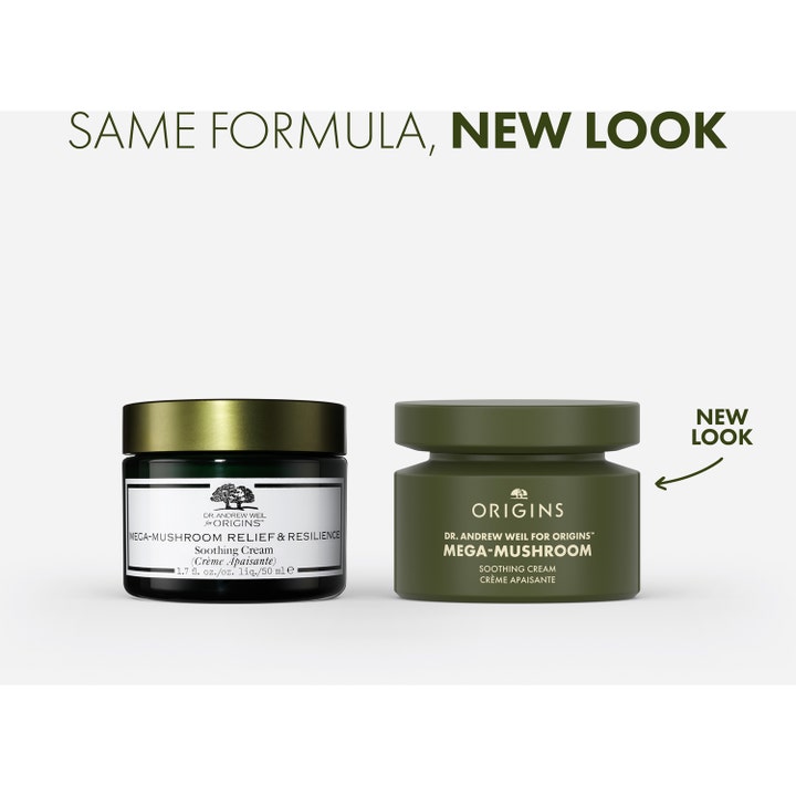 Origins Dr. Weil Mega-Mushroom 50 ml lugnande ansiktskräm anti rodnad i ny mattgrön burk bredvid den gamla designen
