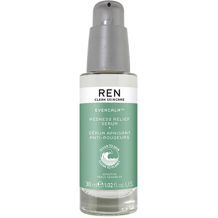 REN Clean Skincare Evercalm Redness Relief Serum 30 ml lugnande serum för känslig hud i glasflaska med grå pump