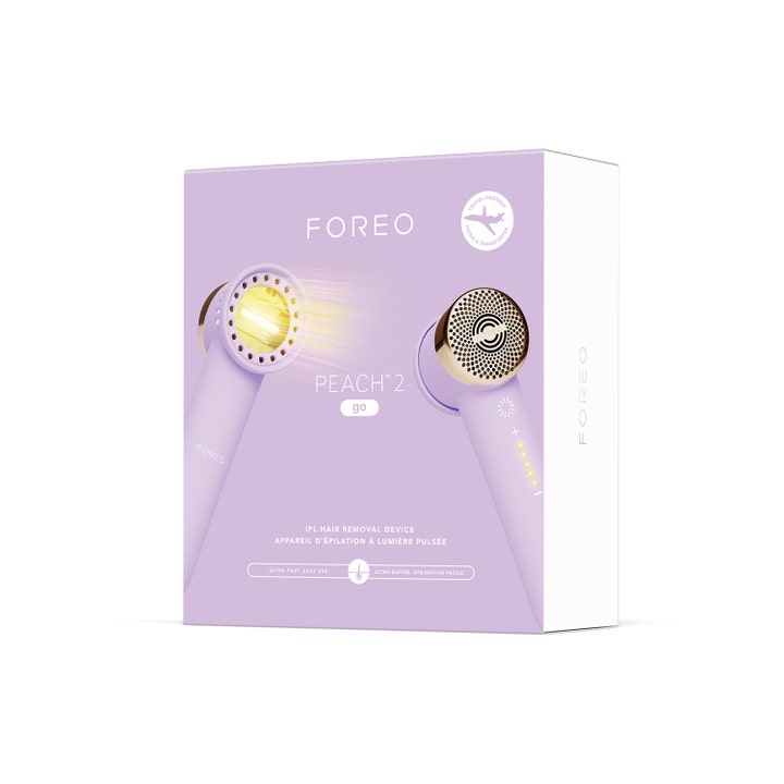 FOREO PEACH 2 go Lavender 1 st IPL-hårborttagning i lila ytterförpackning med bild på den kompakta enheten.