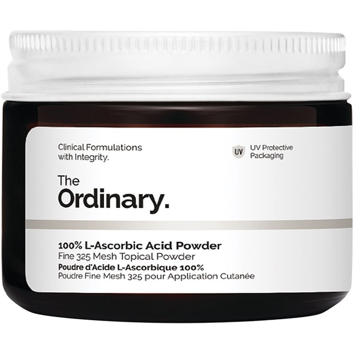 The Ordinary 100% L-Ascorbic Acid Powder lystergivande c vitamin pulver askorbinsyra i mörk glasburk med vitt lock
