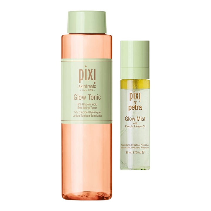 Pixi Glow Tonic och Glow Mist 80ml ger exfoliering aha syra och hydratiserande lyster i flaskor med ljusgröna lock
