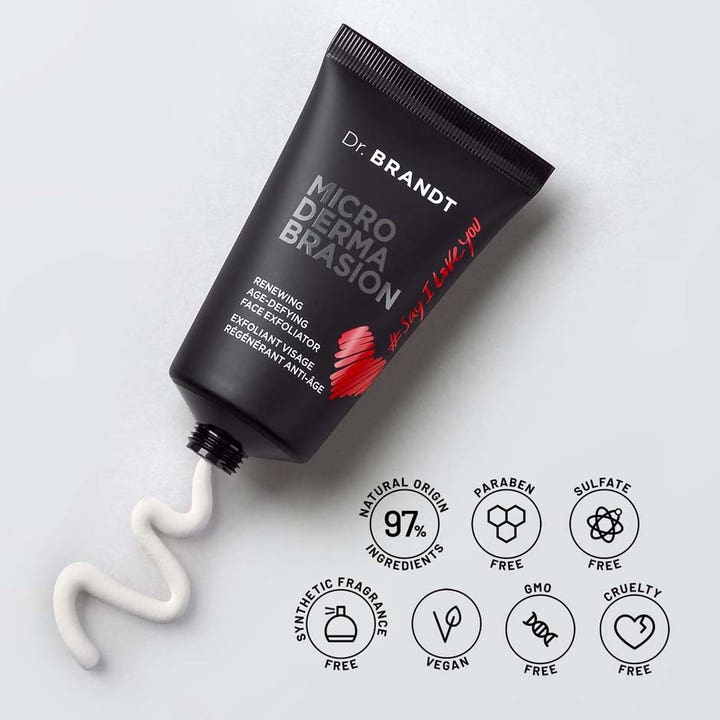 Dr Brandt Microdermabrasion 60 g ansiktspeeling för finare hudstruktur med krämig vit formula ur en svart tub.