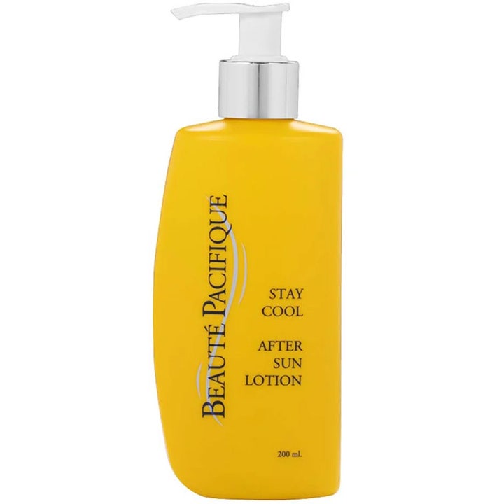 Beauté Pacifique Stay Cool After Sun Lotion 200 ml lugnande after sun hudvård i gul flaska med vit pump och silverdetalj.