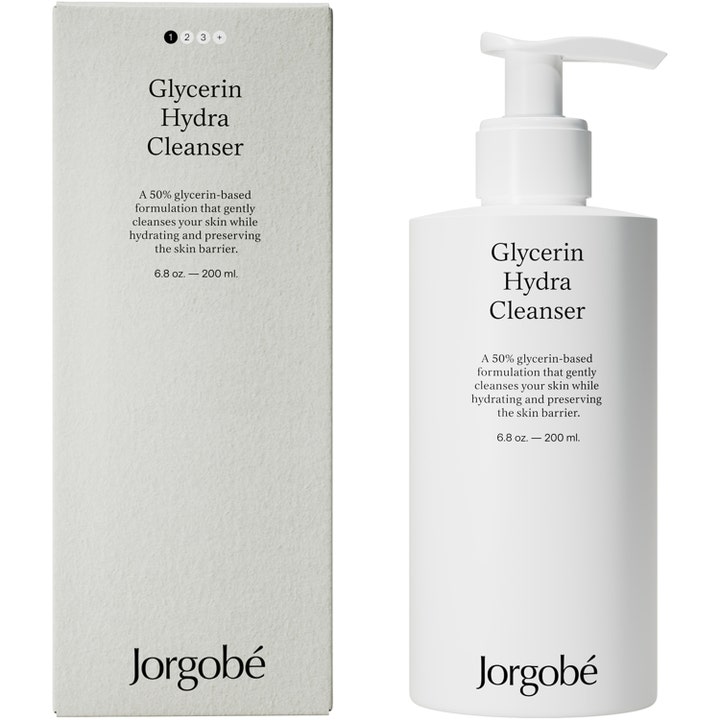 Jorgobé Glycerin Hydra Cleanser 200 ml daglig ansiktsrengöring i vit pumpflaska och matchande ytterkartong