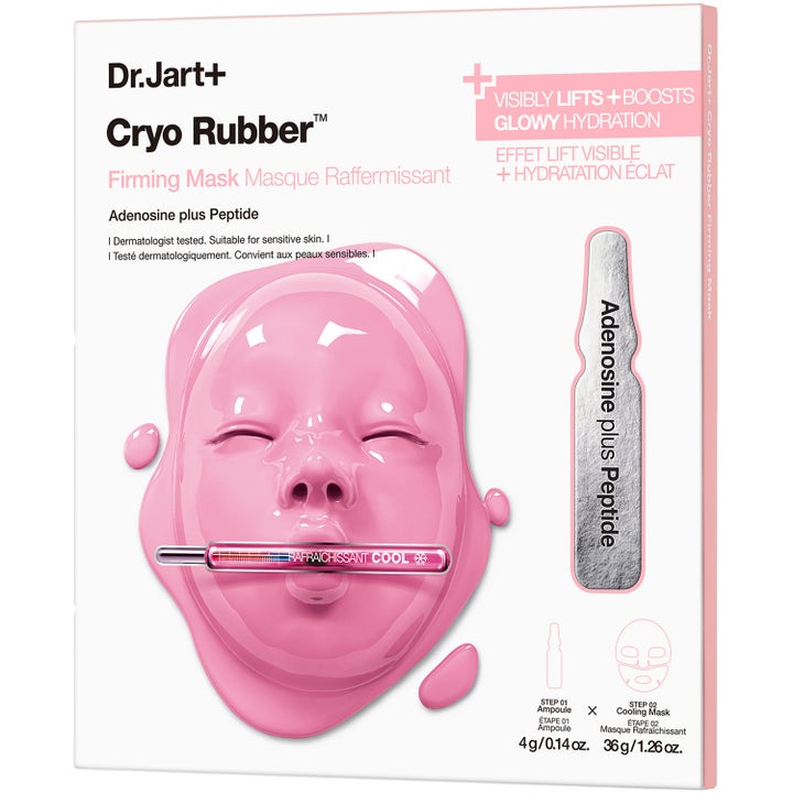 Dr. Jart+ Cryo Rubber Firming Mask 40g uppstramande ansiktsmask i vit box med rosa ansiktsillustration och silverampull.