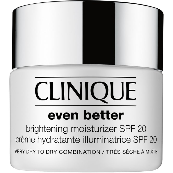 Clinique Even Better Brightening Moisturizer SPF 20 ljusande dagkräm med SPF 20 i en vit burk med silverlock.