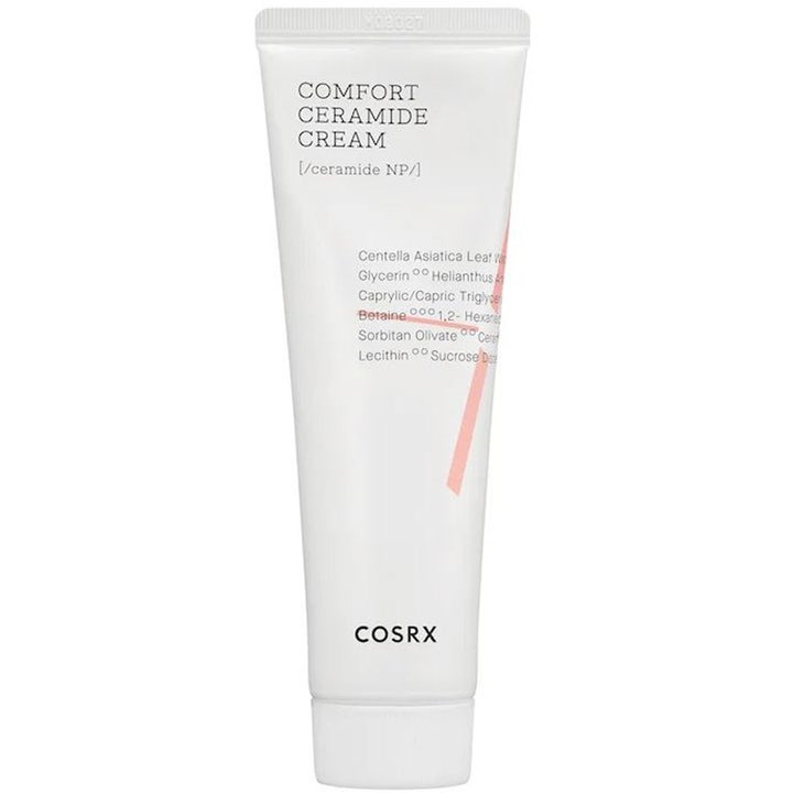 COSRX Comfort Ceramide Cream ceramidkräm återfuktande ansiktskräm för hudbarriären i vit tub med svart text