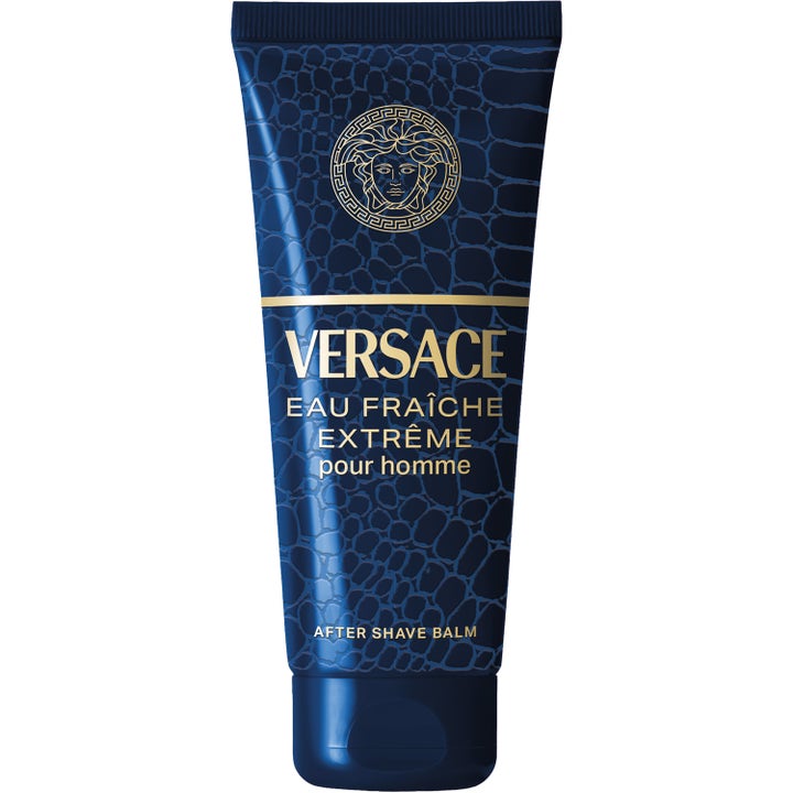 Versace Eau Fraîche Extrême After Shave Balm lugnande efterrakning i mörkblå tub med guldlogotyp och krokodilmönster.