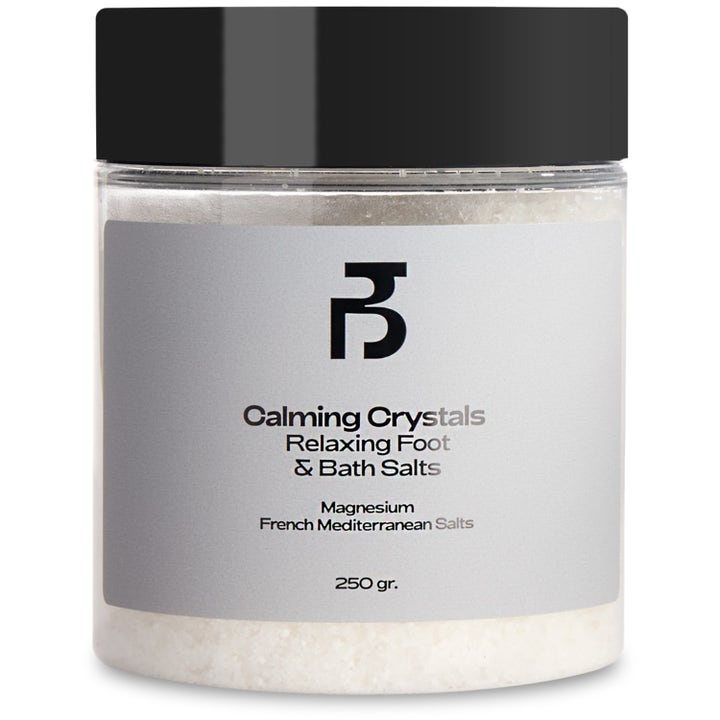 Björk Calming Crystals 250 gr lugnande badsalt med magnesium i en genomskinlig burk med svart lock