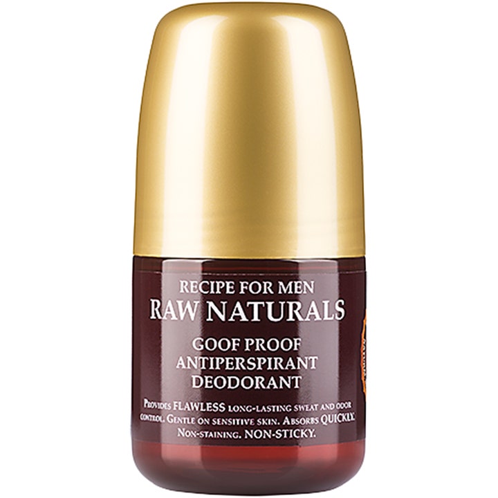 Raw Naturals Goof Proof Antiperspirant för män 60ml ger svettkontroll i brun roll-on flaska med glansigt guldlock.