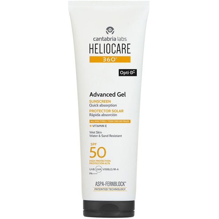 Heliocare 360 Advanced Gel SPF 50 solskyddsgel i vit plasttub med orange detaljer som ger ett snabbabsorberande skydd