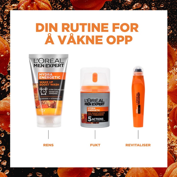 L'Oréal Paris Men Expert Hydra Energetic 100 ml rutingrafik med energigivande ansiktstvätt för män, fuktkräm och ögonroller.