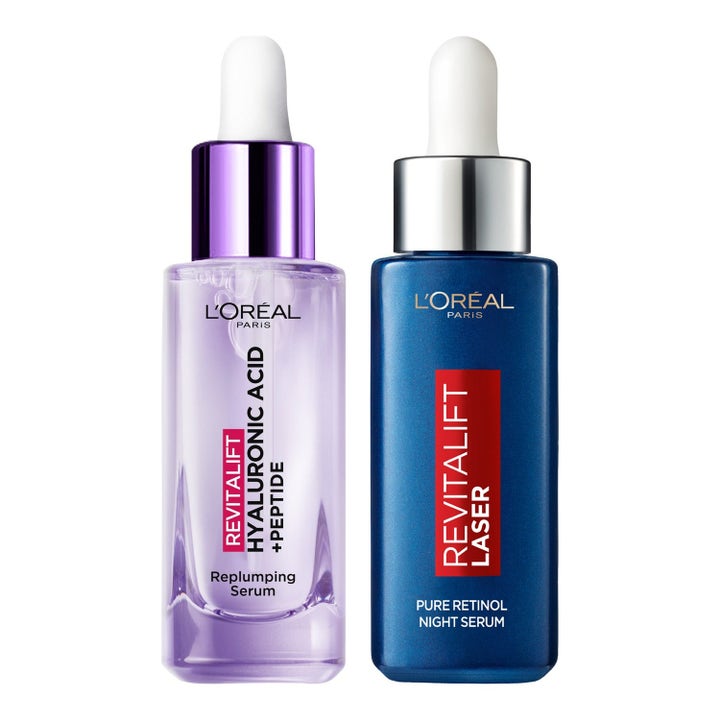 L'Oréal Paris Revitalift Filler hyaluronsyra 1.5% serum och Laser nattserum i lila och blå glasflaskor med pipetter.