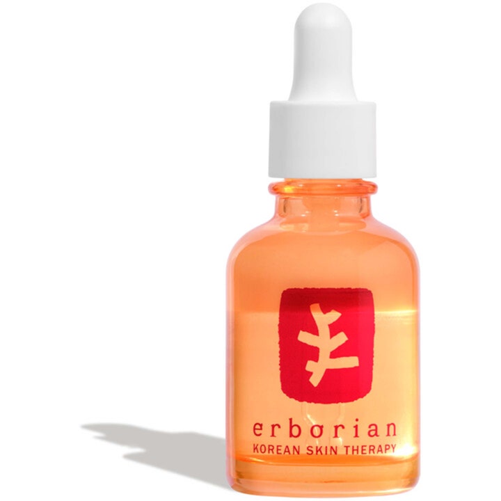Erborian Skin Therapy 30ml föryngring ansiktsserum i en klar glasflaska med orange olja och vit pipett för anti-age.