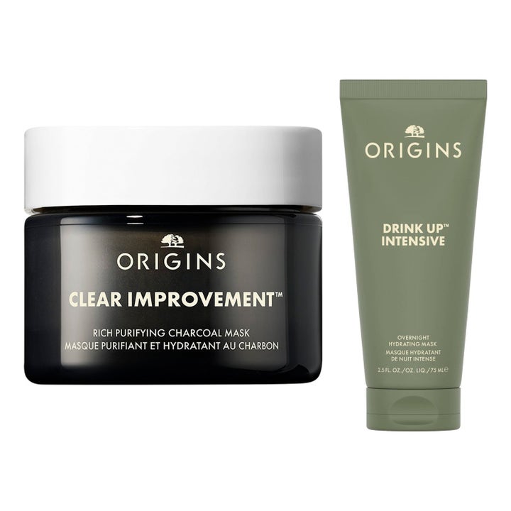 Origins Clear Improvement och Drink Up Intensive 75 ml rengörande och återfuktande ansiktsmasker i svart burk och grön tub