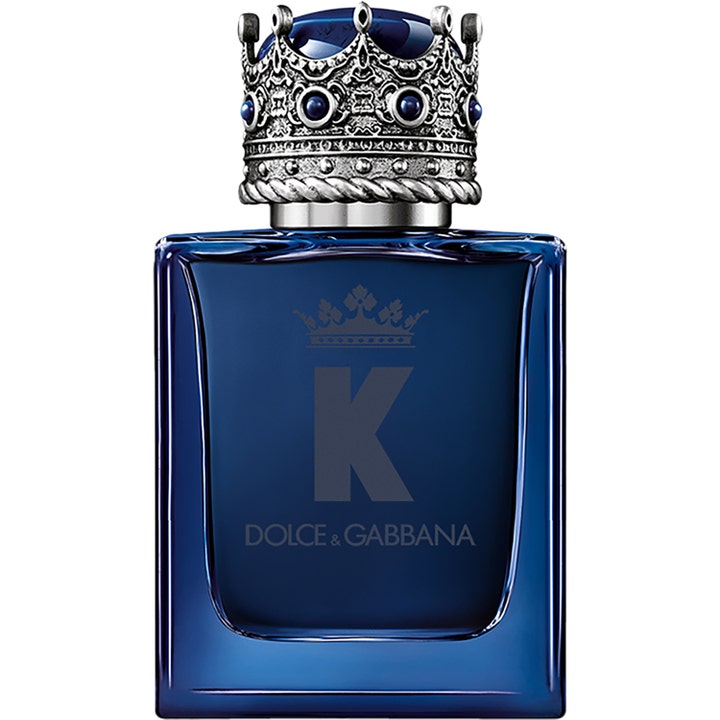 Dolce & Gabbana K Intense 50 ml herr parfym i mörkblå glasflaska med en detaljerad silverfärgad krona som lock