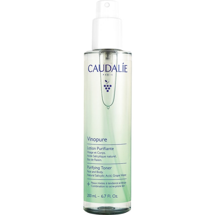 Caudalie Vinopure Purifying Toner 200 ml renande ansiktsvatten i genomskinlig grön plastflaska med vitt lock