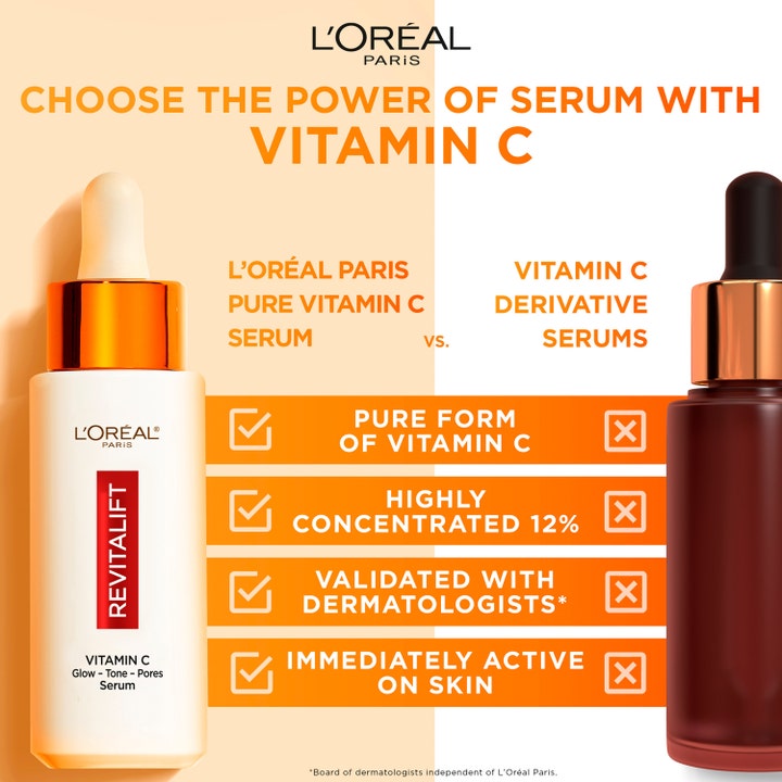 L'Oréal Paris Revitalift Clinical 12% Vitamin C Serum 30 ml jämförs mot andra serum i en informativ grafik.