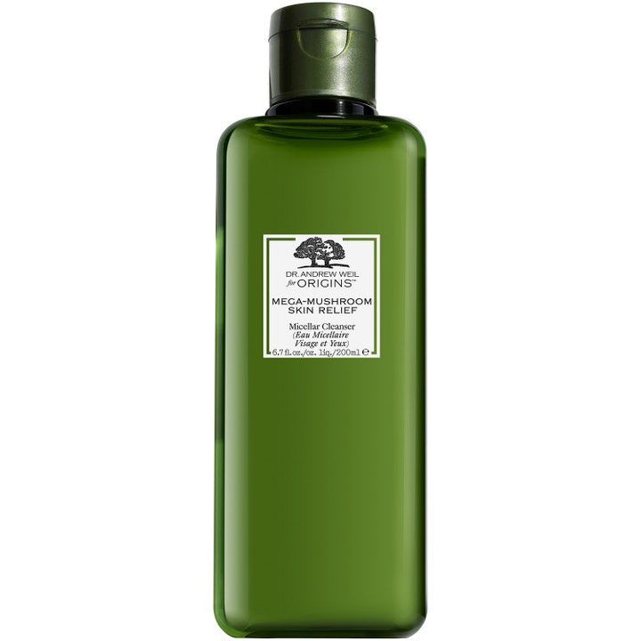 Origins Mega-Mushroom Skin Relief 200 ml micellär ansiktsrengöring med anti-inflammatoriskt svampextrakt i grön flaska.