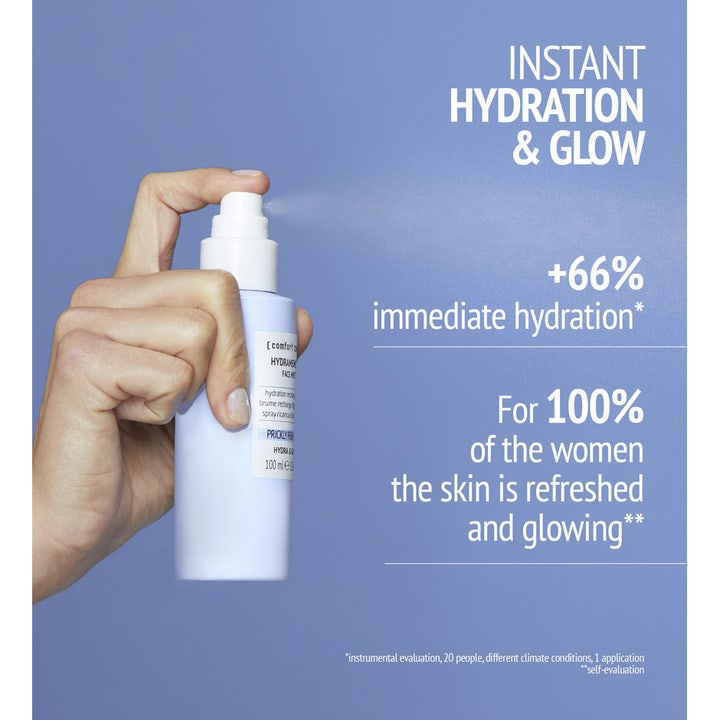Comfort Zone Hydramemory Face Mist 100 ml ansiktsspray för omedelbar fukt och lyster i vit flaska som sprayas.