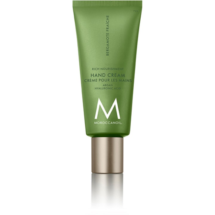 Moroccanoil Bergamote Fraîche Hand Cream argan handkräm bergamott ger näring i en olivgrön tub med metalliskt lock.