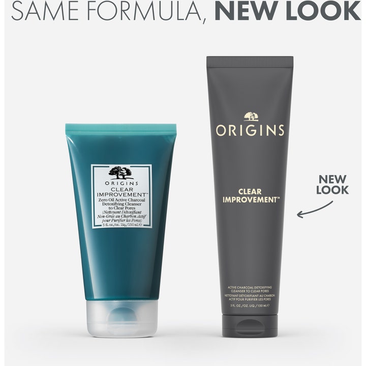 Origins Clear Improvement 150 ml aktivkolrengöring i ny grå tub bredvid den gamla förpackningen med texten New Look