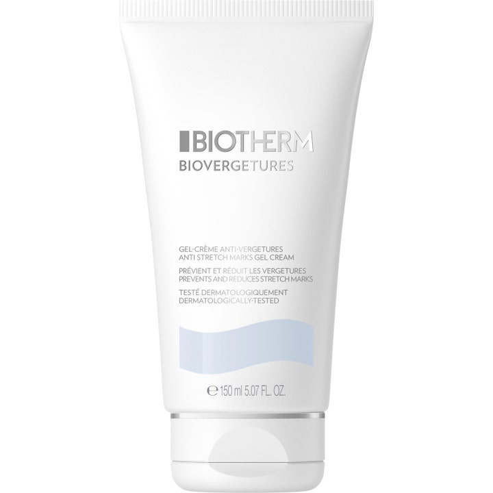 Biotherm Biovergetures 150 ml stretchmarksgel för bristningar behandling i vit tub med silver och ljusblå våg.