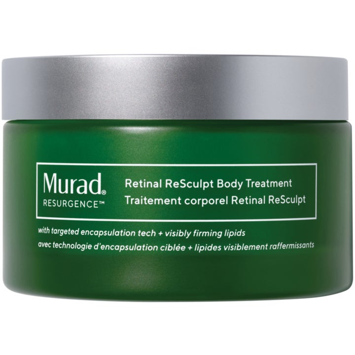 Murad Retinal ReSculpt Body Treatment uppstramande kroppsbehandling med retinal i grön burk med silverfärgat lock.
