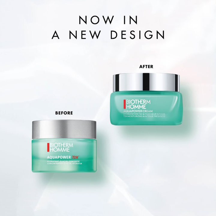 Biotherm Aquapower 72H 50 ml återfuktande herrkräm i turkos burk med ny design och silverlock.