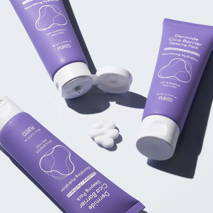 Purito Dermide Cica Barrier Sleeping Pack 80 ml sovmask för djup återfuktning med vit krämig textur och lila tuber