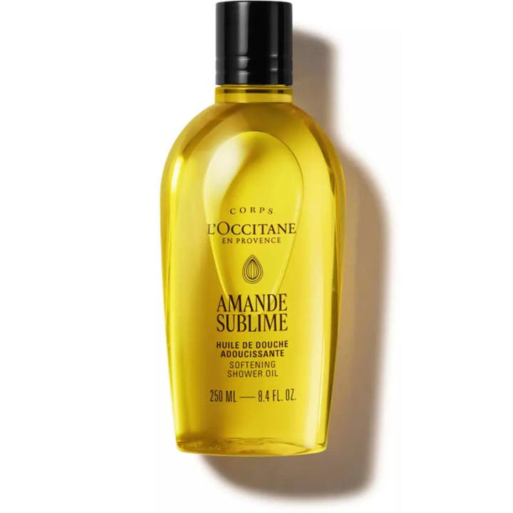 L'Occitane Amande Shower Oil 250 ml mjukgörande duscholja med mandelolja i genomskinlig flaska med silverkork