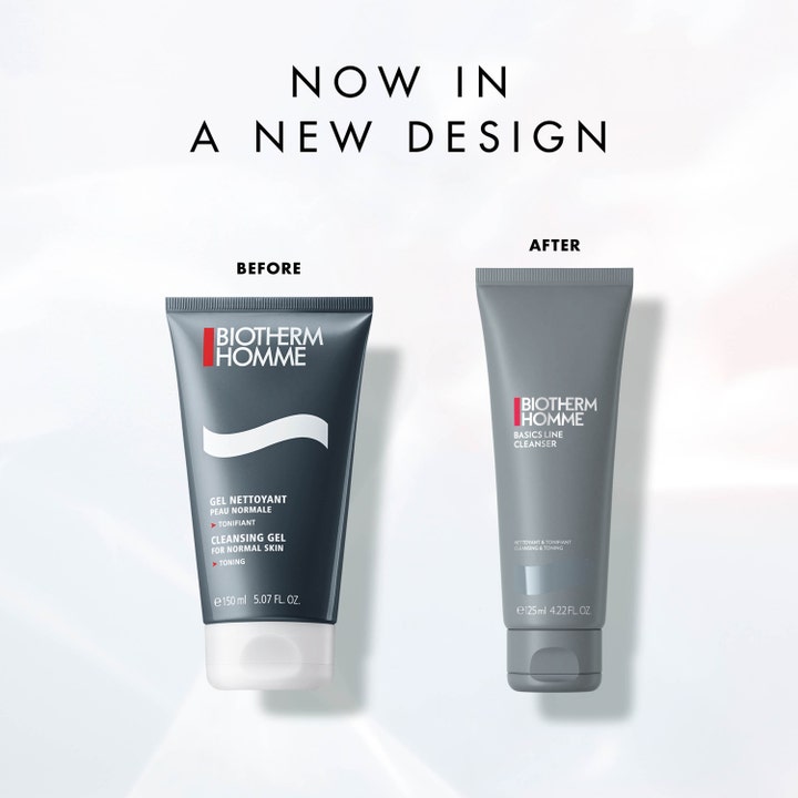 Biotherm Homme Cleansing Gel 125 ml herrvård visas här i ny grå design vid sidan av den tidigare mörkare tuben.