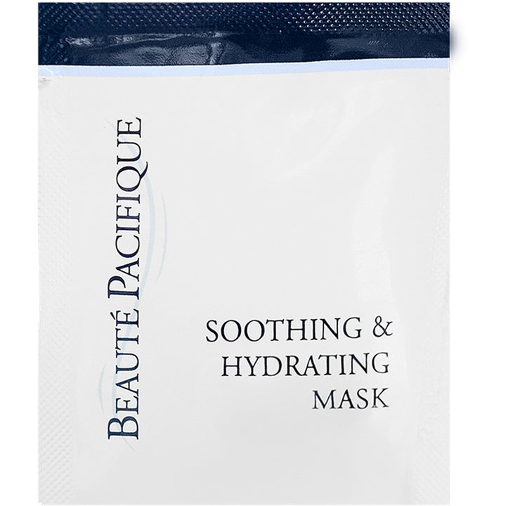 Beauté Pacifique Soothing & Hydrating Sheet Mask 15 ml lugnande ansiktsmask i vit förpackning med mörkblå text