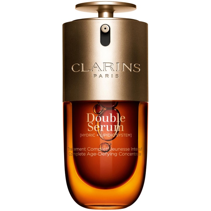 Clarins Double Serum dubbelserum för effektiv hudföryngring i bärnstensfärgad pumpflaska med detaljer i guld