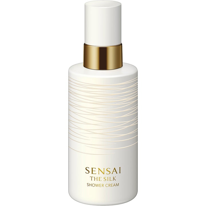 Sensai The Silk Shower Cream 200 ml krämig återfuktande duschkräm i vit flaska med guld och vågigt mönster