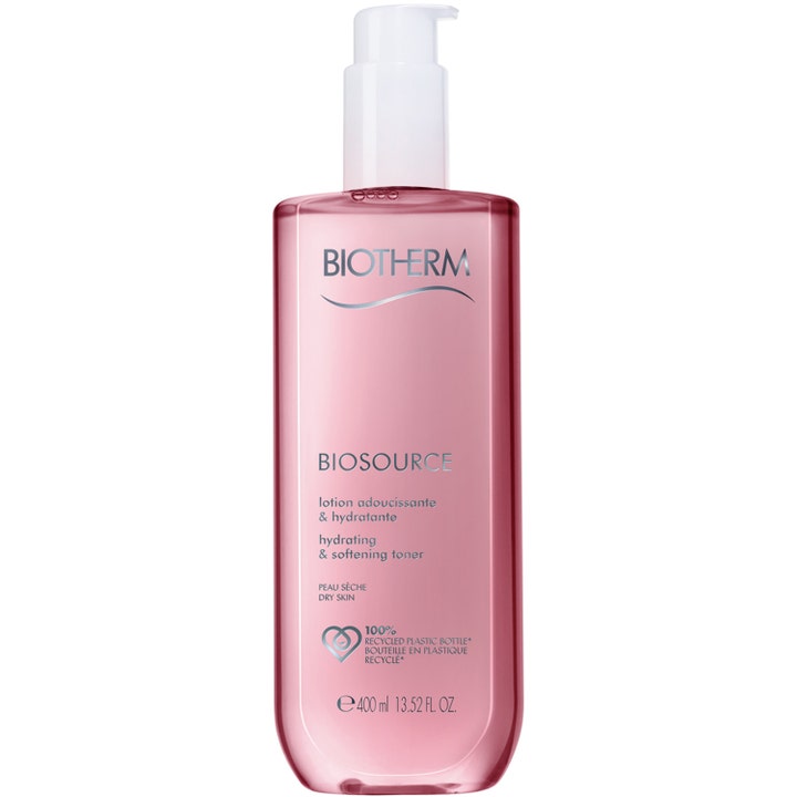 Biotherm Biosource Lotion 400 ml mjukande toner för torr hy i en rosa genomskinlig plastflaska med vit pump