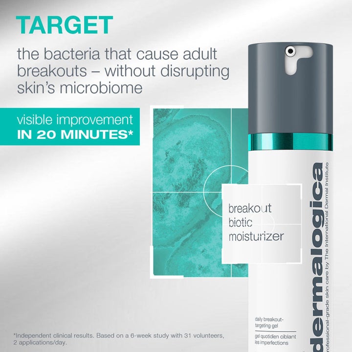 Dermalogica Breakout Biotic Moisturizer motverkar finnar med resultat på 20 minuter i vit pumpflaska med grått lock.